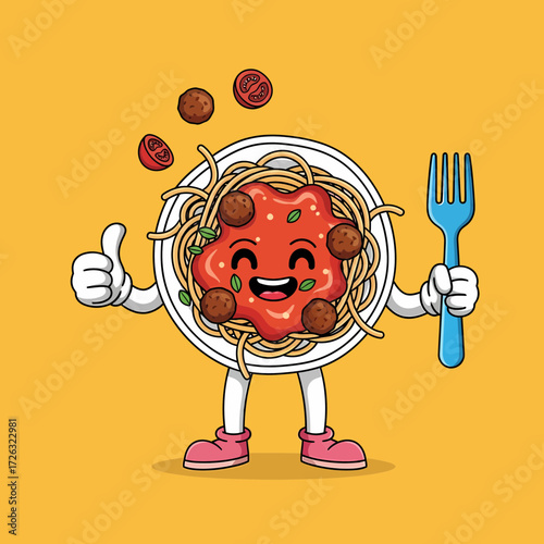 Animated Spaghetti Character with Meatballs Tomato Sauce and a Blue Fork.
