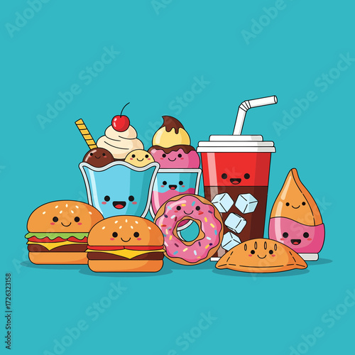 Cartoon Fast Food Friends Burgers Ice Cream Soda Donut and Empanadas.