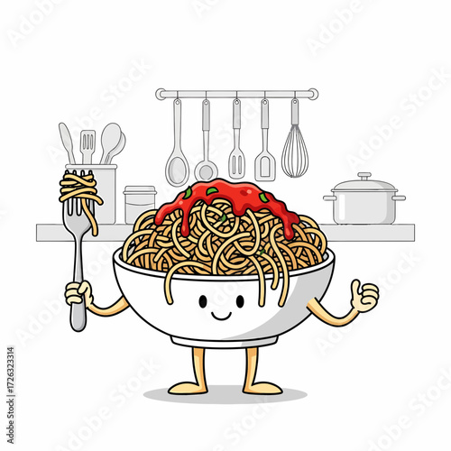 Cartoon Spaghetti Bowl Character with Tomato Sauce and Kitchen Utensils.