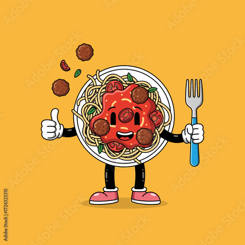 Cartoon Spaghetti Character with Meatballs Tomato Sauce and a Blue Fork.