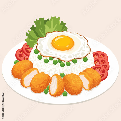 Chicken Katsu Rice Plate with Fried Egg Tomatoes Peas and Lettuce.