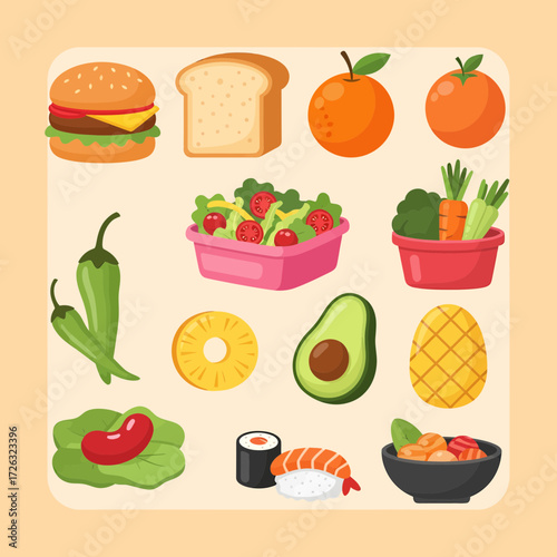 Diverse Food Collection Burger Bread Oranges Salad Peppers Pineapple Avocado Sushi and Meatballs.