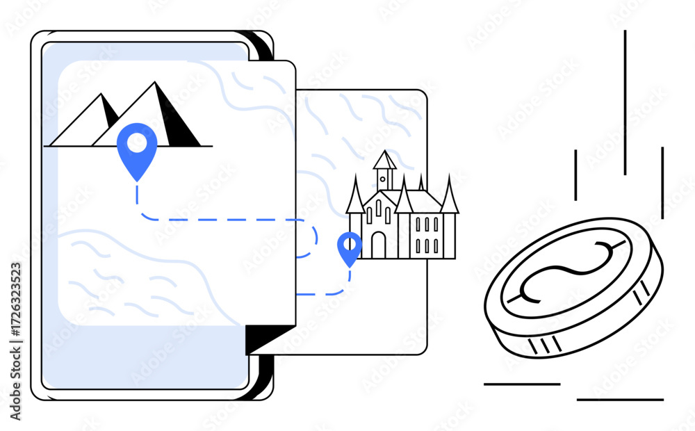 Fototapeta premium Smartphone map features markers guiding to landmarks with falling coin. Ideal for travel, tourism, navigation, apps, economy, destination, vacation depiction. Simple flat metaphor