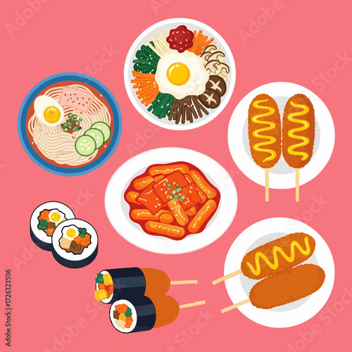 Korean Cuisine Medley Bibimbap Tteokbokki Kimbap Ramen and Corn Dogs.