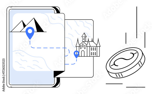 Smartphone map features markers guiding to landmarks with falling coin. Ideal for travel, tourism, navigation, apps, economy, destination, vacation depiction. Simple flat metaphor