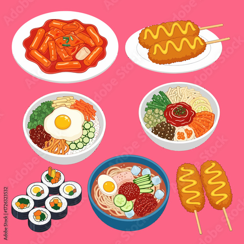 Korean Cuisine Illustration Tteokbokki Corn Dogs Bibimbap Jjolmyeon and Kimbap.