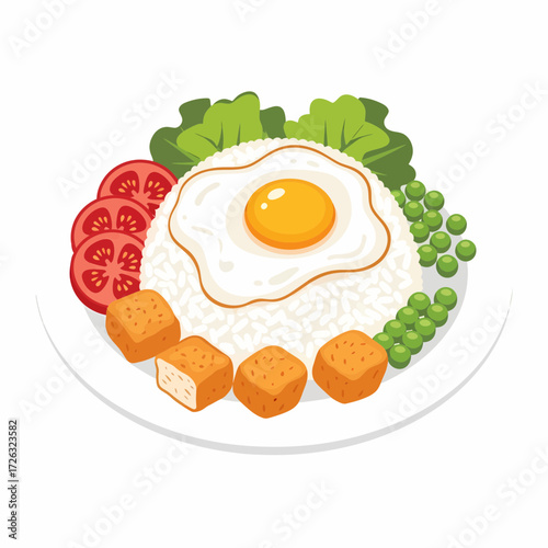 SunnySide Up Egg Over Rice with Tofu Cubes Peas Lettuce and Tomato Slices.