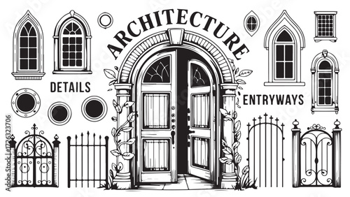 Set of architectural design elements including windows doors and gates detailed vector illustration for construction and renovation projects