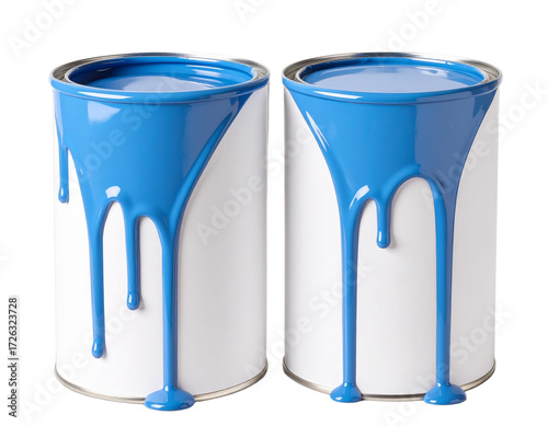 Two White Paint Cans Overflowing with Blue Paint, Front View Dripping Effect, isolated on transparent background PNG
