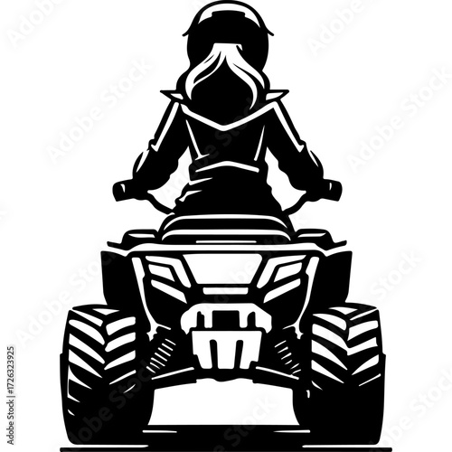 Sketchy sport emblem of Extreme girl rides quad bike rear view from behind. Engraving minimalistic vector in black ink drawing on transparent background