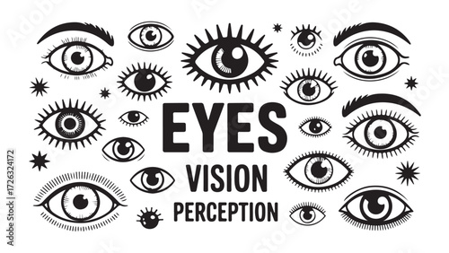 Set of various eye illustrations representing vision and perception black and white vector design