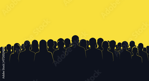 A large group of people silhouetted against a bright yellow sky.