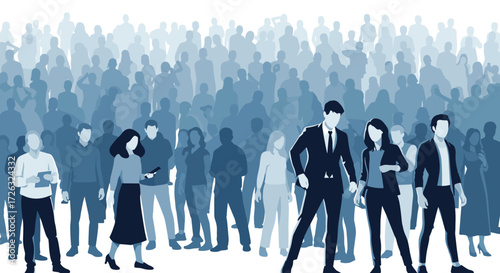 A diverse group of people stand out from a crowd with distinct figures and clothing.