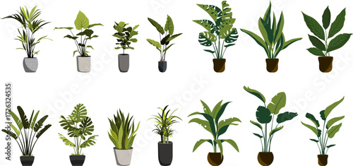 Collection of plant icons featuring green leaves in porcelain pots. Ideal for home decor projects, gardening illustrations, eco-friendly branding, botanical designs, and decorative vector artwork.