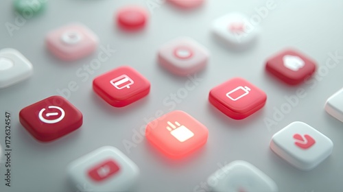Abstract Red and White App Icons on Grey Background Cinematic Lighting HDR UI Concept