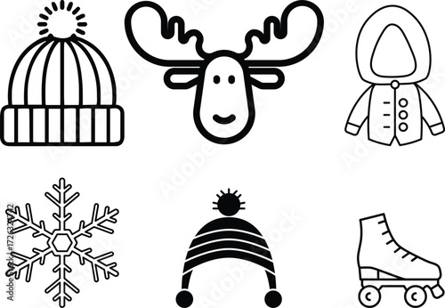 winter thing icon Set Winter clothing Cap Shoes Snow Flakes Hoodie Winter Hat icon Cozy fashion collection with warm apparel symbols Winter sports and cabin retreat icons 