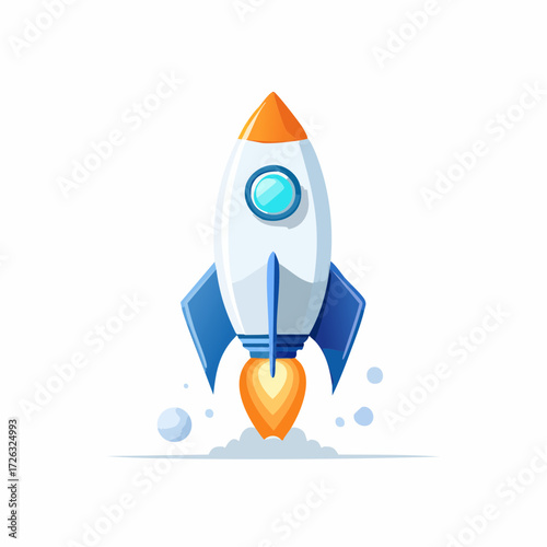 A Retro-futuristic Rocket Ship Takes Off, Emitting Fiery Exhaust and Leaving a Trail of Smoke Against a Clean White Background