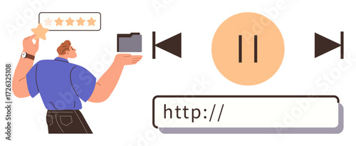 Person leaving a review, folder icon, playback controls, and URL bar suggest online interaction. Ideal for technology, feedback, file management, user experience, web navigation app design simple