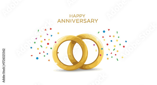 Elegant Anniversary Celebration Design Featuring Intertwined Golden Rings and Festive Confetti. Perfect for greeting cards, invitations, and celebratory social media posts.
