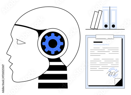 Humanthumbs up robotic head with gear mechanism, document on clipboard, books, and binders. Ideal for AI, technology, automation, digital transformation, documentation innovation and workplace