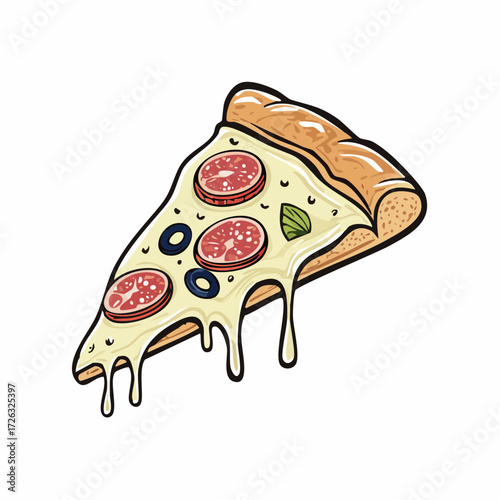 Hand-drawn cartoon illustration of a delicious slice of pepperoni pizza with dripping melted cheese and olives, isolated on a white background