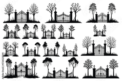 Black silhouette wrought iron gates with trees and lamps