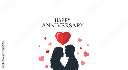 Elegant anniversary card design featuring a silhouette of a couple embracing, surrounded by hearts, showcasing love and celebration for greeting cards and invitations.