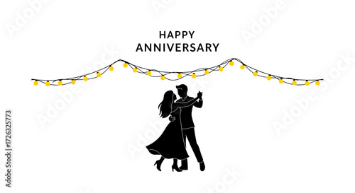 Elegant Anniversary Celebration Design Featuring Dancing Couple Silhouette and Festive String Lights, Ideal for Greeting Cards and Event Invitations.