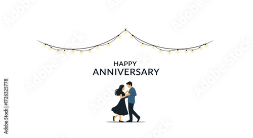 Minimalist Anniversary Illustration Featuring a Couple Under String Lights, Ideal for Greeting Cards, Invitations, or Social Media Posts Celebrating Relationships.