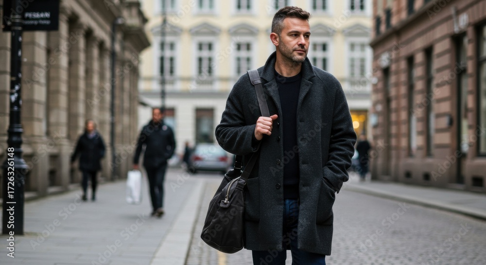 Obraz premium Urban walk stylish man in city street lifestyle urban environment candid shot