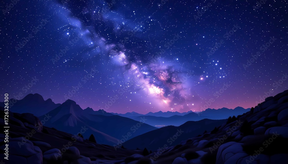 Naklejka premium Majestic night sky filled with stars, galaxy, nebula, mountains