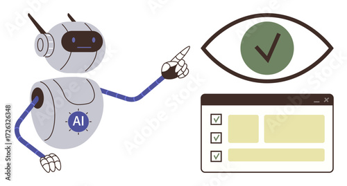 AI robot interacting with a digital checklist and a large eye with a checkmark. Ideal for technology, validation, automation, quality control, machine learning, innovation, artificial intelligence