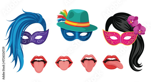 A collection of masquerade masks and party props for a festive celebration.