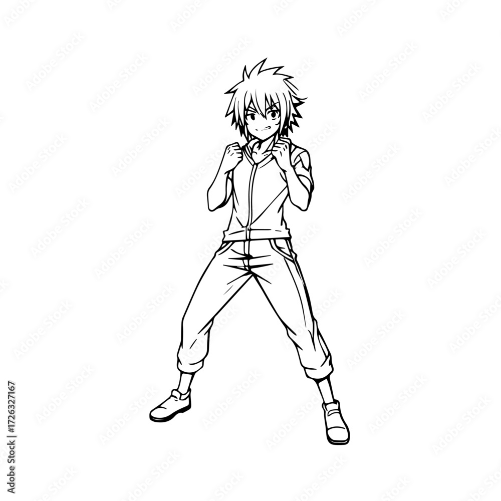 Fototapeta premium Black and white hot anime character line art illustration, stylish minimal outline drawing in clean style
