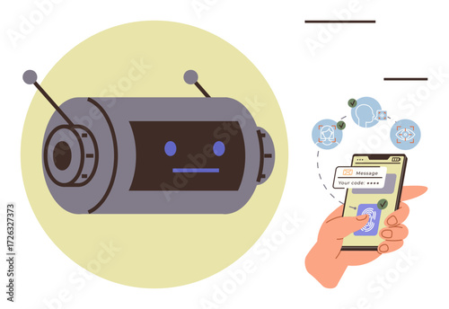 Robot chatbot interacting with a smartphone user, showing message exchange with icons for AI, chat, and verification. Ideal for customer support, AI tools, technology, security, automation