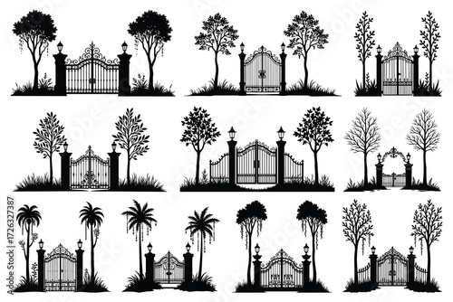 Ornate wrought iron gates with trees and lamps silhouettes 1
