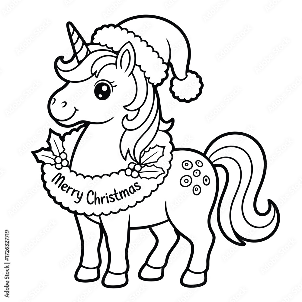 Naklejka premium Christmas Unicorn Coloring Page for Kids – Merry Christmas Activity Sheet