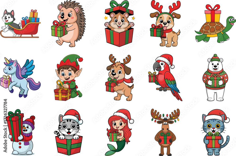 Naklejka premium Cute Christmas Animals and Characters with Gifts Cartoon Illustration Pack