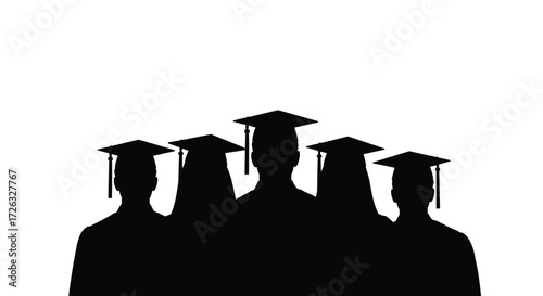 A group of five graduates in black silhouettes wearing academic caps stand proudly against a white background. .
