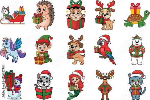Cute Christmas Animals and Characters with Gifts Cartoon Illustration Pack
