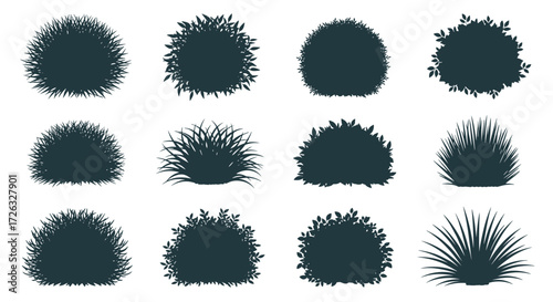 A collection of twelve detailed silhouetted shrubs and bushes in various round and oval shapes suitable for landscaping design elements.