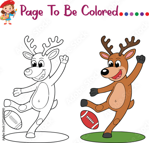 Christmas Reindeer Playing Football Coloring Page for Kids Activity Sheet