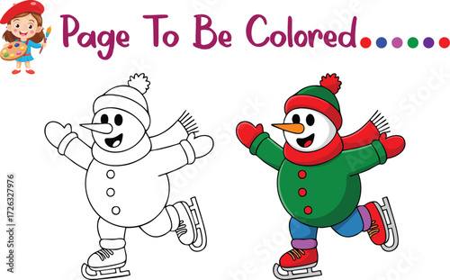 Snowman Ice Skating Coloring Page for Kids Christmas Activity Sheet