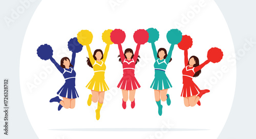 A group of cheerful girls in colorful uniforms jump with pom poms.