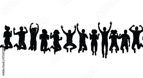 A group of diverse people celebrating with joy and enthusiasm by jumping in the air.