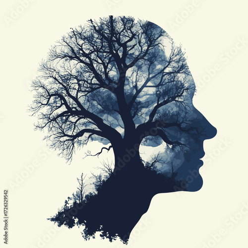 Concept for dementia brain desease. Head of old person with weaking tree inside. Cognitive disorder, memory problem vector illustration , vector style simple color