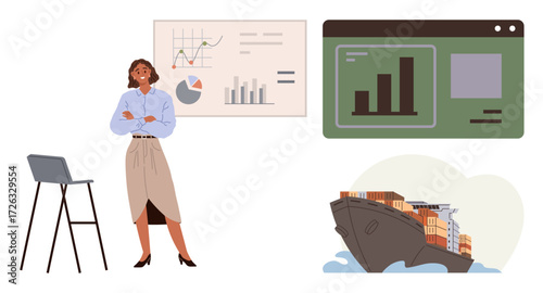 Businesswoman standing by stool with arms crossed next to analytics charts, digital dashboard, and cargo ship. Ideal for logistics, trade, data analysis, teamwork, global supply, strategy simple