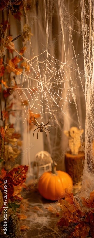 Obraz premium Premium Halloween Spider Web Decoration with Autumn Seasonal Elements for Modern Millennial Lifestyle Marketing and Social Media Campaigns