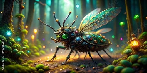 A jeweled insect with iridescent wings explores a mystical forest at twilight, illuminated by glowing flora and a miniature lantern.