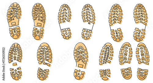 Collection of diverse boot sole footprints showing various tread patterns and designs for footwear.
